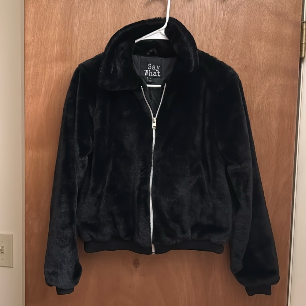 Black, fuzzy bomber jacket